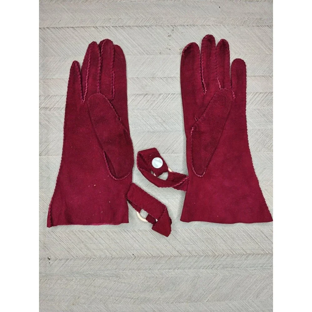 Vintage Women's Suede Gloves 6 3/4 Maroon Red With Straps